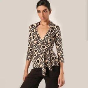 Diane Von Furstenberg Vintage Tan Black Jill Wrap Top Blouse